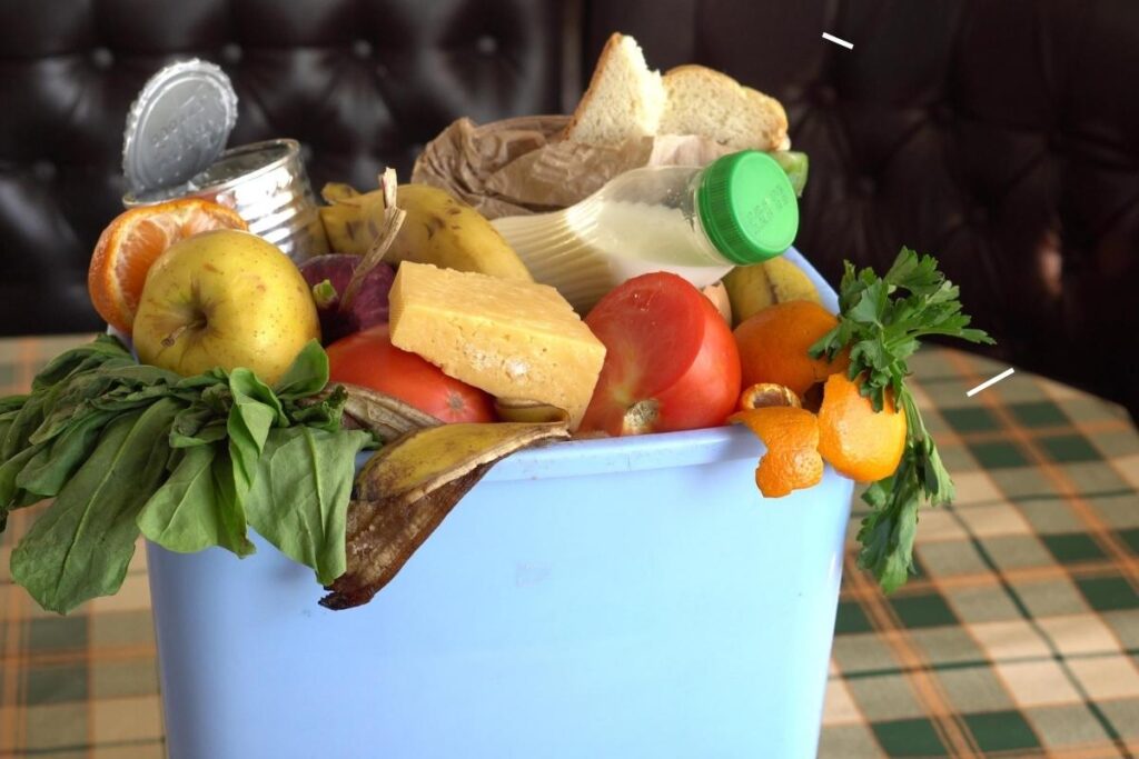 A blue bin is filled with assorted food waste, including leafy greens, apples, bananas, bread, cheese, tomatoes, an orange, a milk bottle, a tin can, and parsley. The bin sits on a plaid tablecloth with a dark, tufted background.
