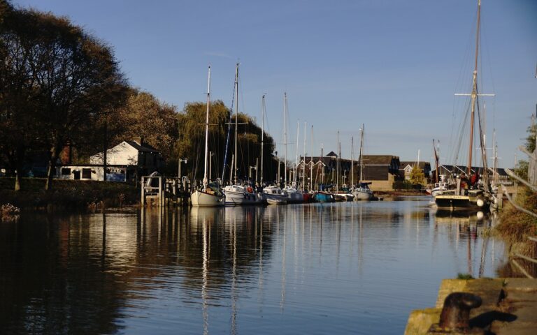 A peaceful marina with several sailboats docked along a calm river. Trees line the left bank and small buildings are visible in the background. The sky is clear and blue, and sunlight gently reflects off the water, creating a tranquil atmosphere.