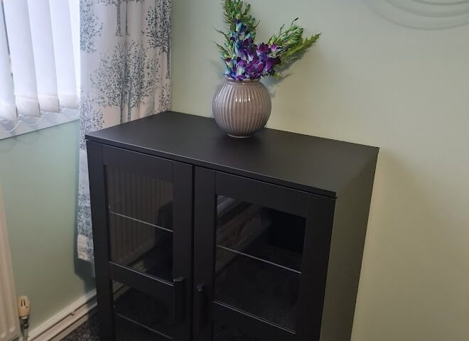 A small black cabinet with glass doors stands on a gray carpet in the corner of a room. A striped vase with purple and pink flowers sits on top. Nearby, sheer white curtains with a leafy pattern cover a window, and round shelves hang on the pale green wall.