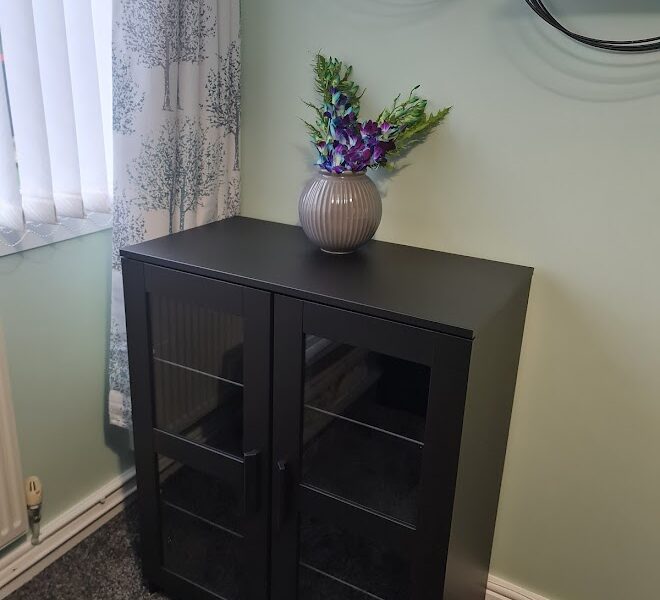 A small black cabinet with glass doors stands on a gray carpet in the corner of a room. A striped vase with purple and pink flowers sits on top. Nearby, sheer white curtains with a leafy pattern cover a window, and round shelves hang on the pale green wall.