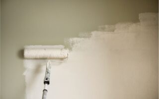 A paint roller on an extension pole is being used to apply fresh white paint over a light green wall, with part of the wall still green and the rest coated in white paint. The roller is mostly covered in paint, and visible brush strokes remain.