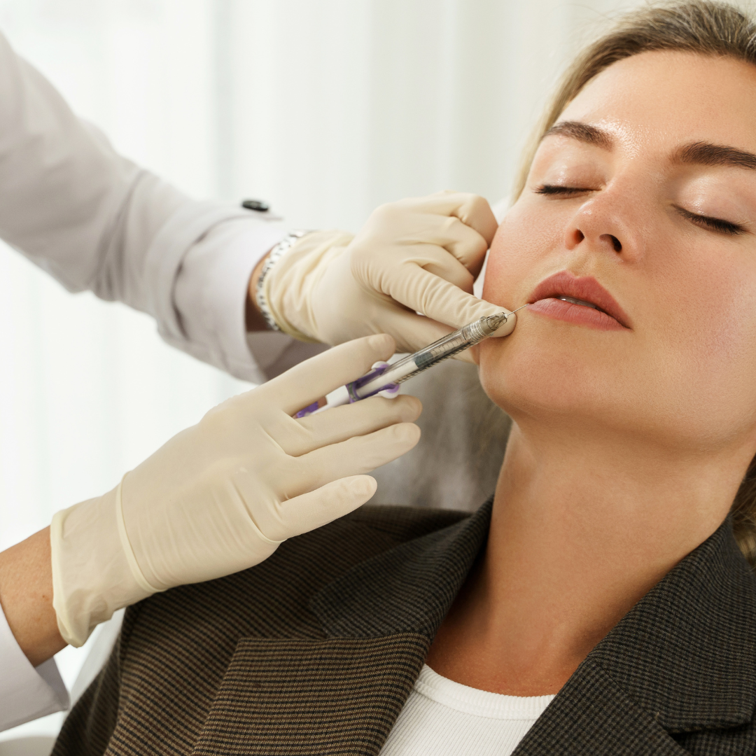 A woman with closed eyes receives a cosmetic injection in her cheek from a gloved medical professional. She wears a brown blazer and appears relaxed. The background is softly blurred in neutral tones, emphasizing the clinical setting.