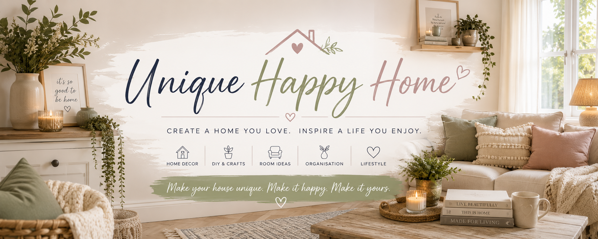 A cosy, sunlit living room with plants, wooden furniture, and soft cushions. On the wall, text reads: “Unique Happy Home. Create a home you love. Inspire a life you enjoy” with icons for home decor, crafts, room ideas, and organisation.